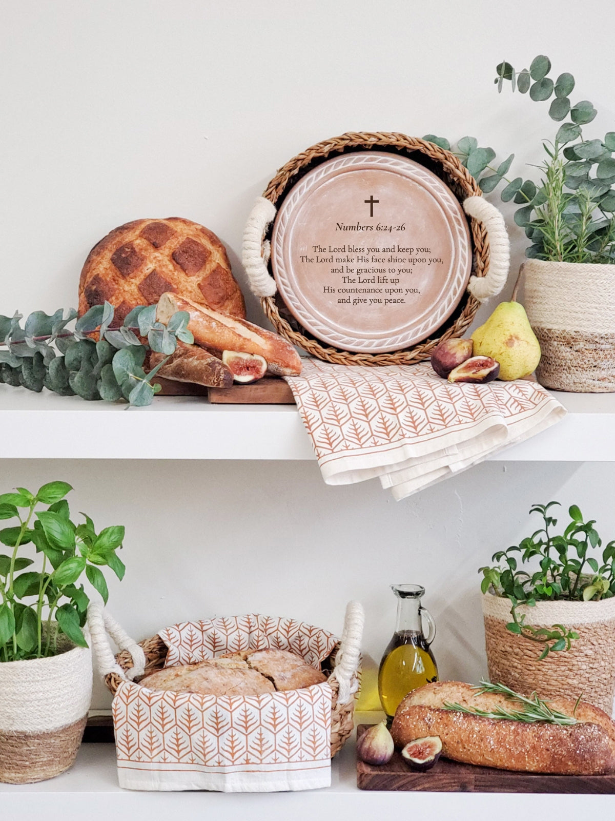 Personalized Bread Warmer & Basket Gift Set with Tea Towel - Bible Round